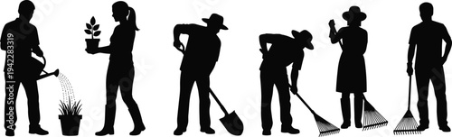 Gardening People Silhouette Set Gardeners Watering Plants Digging Soil and Raking Leaves Outdoor Work Vector Illustration Collection