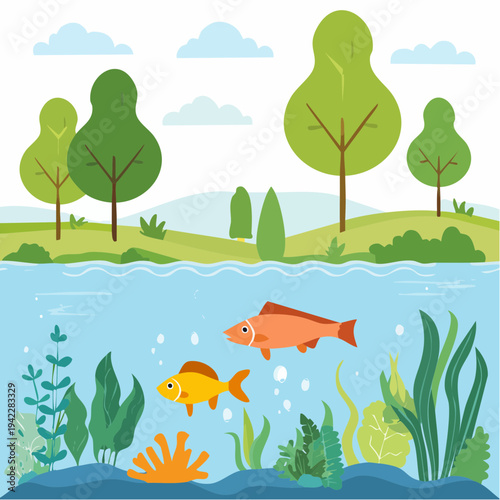 Illustration of fish swimming near aquatic plants in a serene lake environment with trees