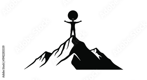 Triumphant figure on mountain peak, symbolizing leadership and success in reaching goals