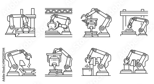 Industrial robotic arms in various positions.