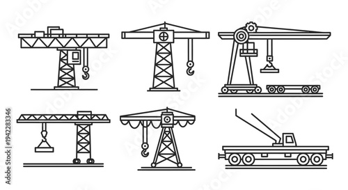 Cranes and construction equipment vehicles.