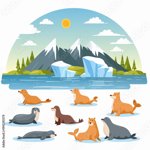 Group of seals and sea lions resting on icebergs in a serene arctic landscape with snowy mountains