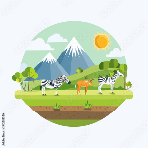 Wild zebras and deer grazing in a serene landscape with snow-capped mountains viewed from a circular frame under a sunny sky