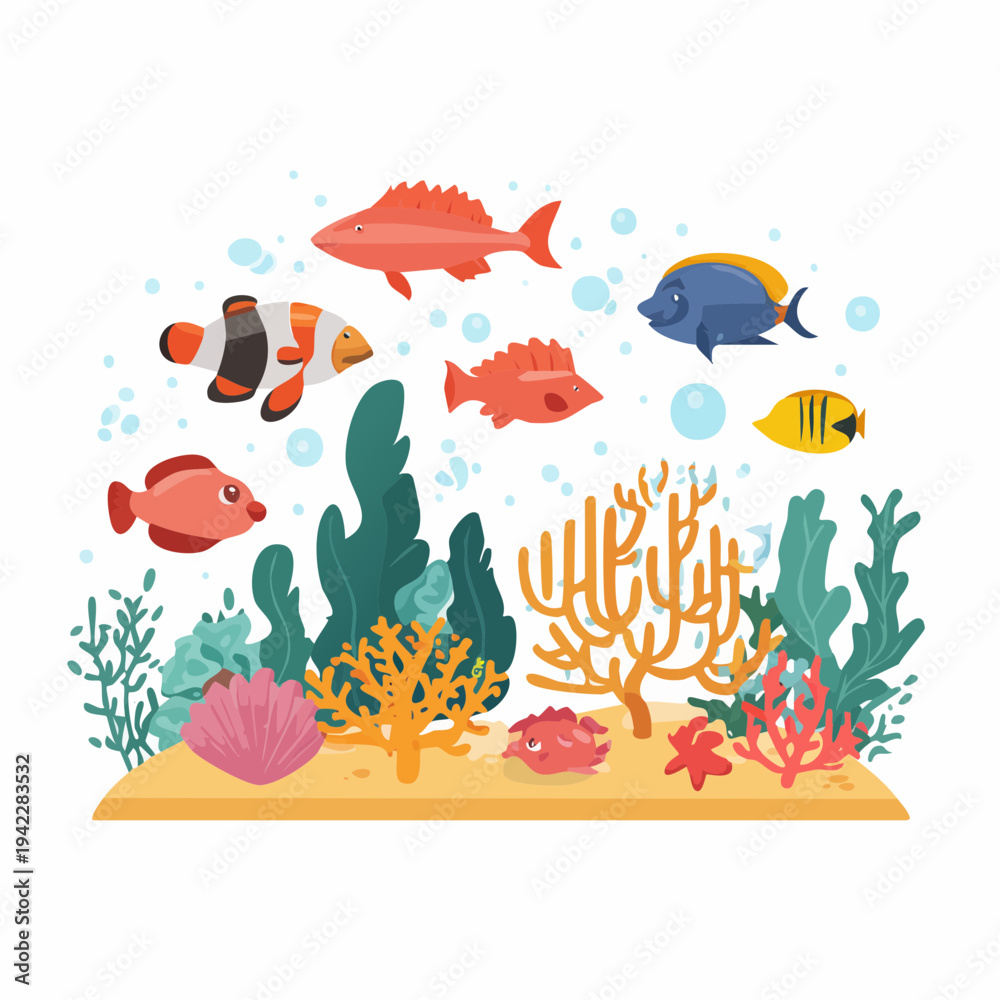 Naklejka premium School of colorful fish swimming near coral reef in ocean environment from aerial viewpoint