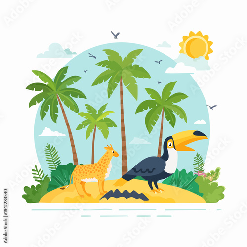 Toucan and giraffe standing together on island surrounded by palm trees under sunny sky
