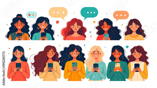 Young women using smartphones with chat bubbles social media messaging concept flat vector illustration set