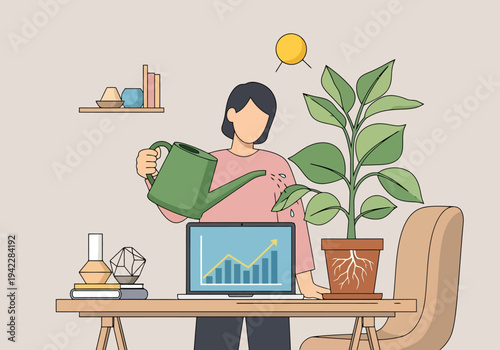 Person tending to thriving indoor plant on desk next to laptop displaying growth chart symbolizing business development and home office success