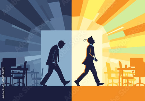 Business People Transitioning From Dark Office Environment To Bright Futuristic Workspace Concept