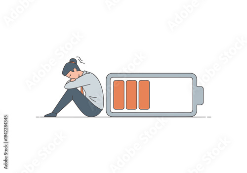Exhausted Person Sitting Next to Depleted Energy Bar Symbol Representing Burnout and Low Power Concept