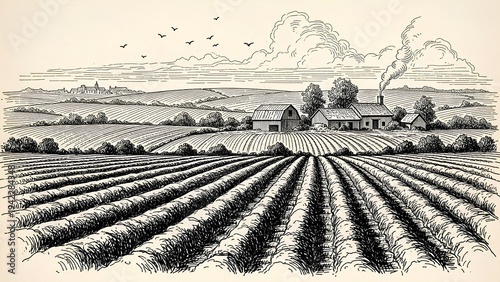 Vintage Farm Landscape with Cultivated Fields and Farmhouse.