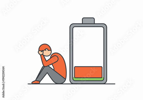 Man feeling drained sitting next to a nearly empty battery symbol representing low energy or burnout concept