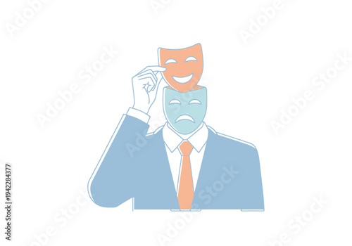 Businessperson holding a smiling mask over a sad face showing duality of emotion and hidden feelings concept