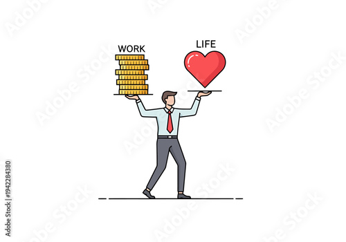Man Balancing Coins And Heart Symbol Representing Work Life Balance Concept