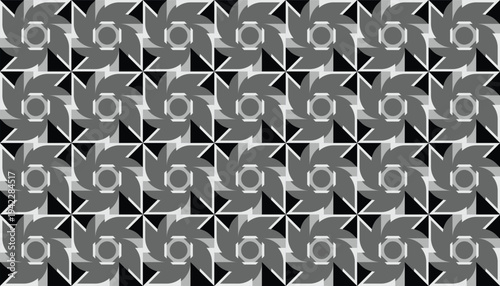 Seamless geometric vector pattern with grey pinwheel shapes on black background