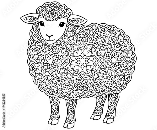 Intricate Mandala Pattern Sheep Coloring Page Line Art