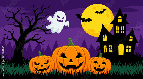 Halloween Illustration with Jack-o'-Lantern Pumpkins, Haunted House, Ghost, Bats, and Full Moon over Spooky Night Landscape