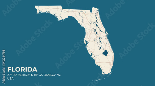 Minimalist Florida State Map with Roads and Lakes on Teal Halftone Background, Vintage Travel Poster Illustration