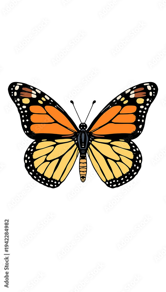 Obraz premium A colorful monarch butterfly in a flat vector illustration style, perfect for commercial campaigns and graphic design projects.
