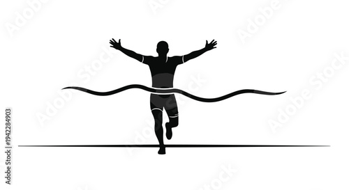 Silhouetted Athlete Crossing Finish Line with Arms Raised in Triumphant Victory