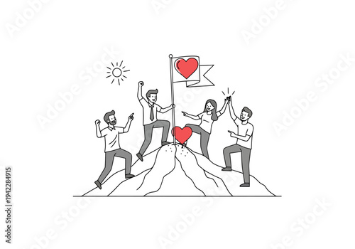 Successful Team Celebrating Reaching Mountain Summit With Heart Symbol Flag And Sun Shining Brightly Represents Shared Accomplishment