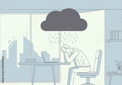 Man feeling overwhelmed and sad sitting at desk under dark storm cloud raining indoors representing stress and depression in workplace environment