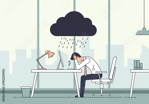 Office Worker Feeling Overwhelmed Under a Storm Cloud Representing Stress and Depression at Workplace Desk