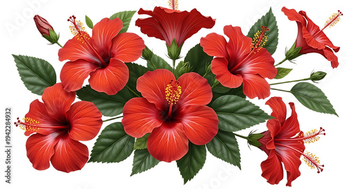 Vibrant red hibiscus flowers with green leaves isolated on white background.