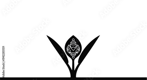 Simple Black and White Budding Flower Illustration with Green Leafy Stems