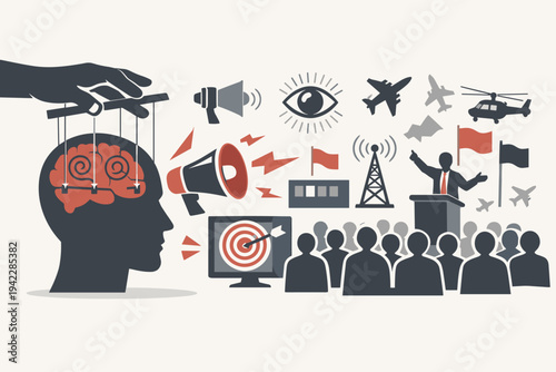 Mind Control and Propaganda Concept Vector Illustration with Human Brain Manipulated Like a Puppet, Media Influence, Political Persuasion, Mass Communication, Social Engineering, and Brainwashing