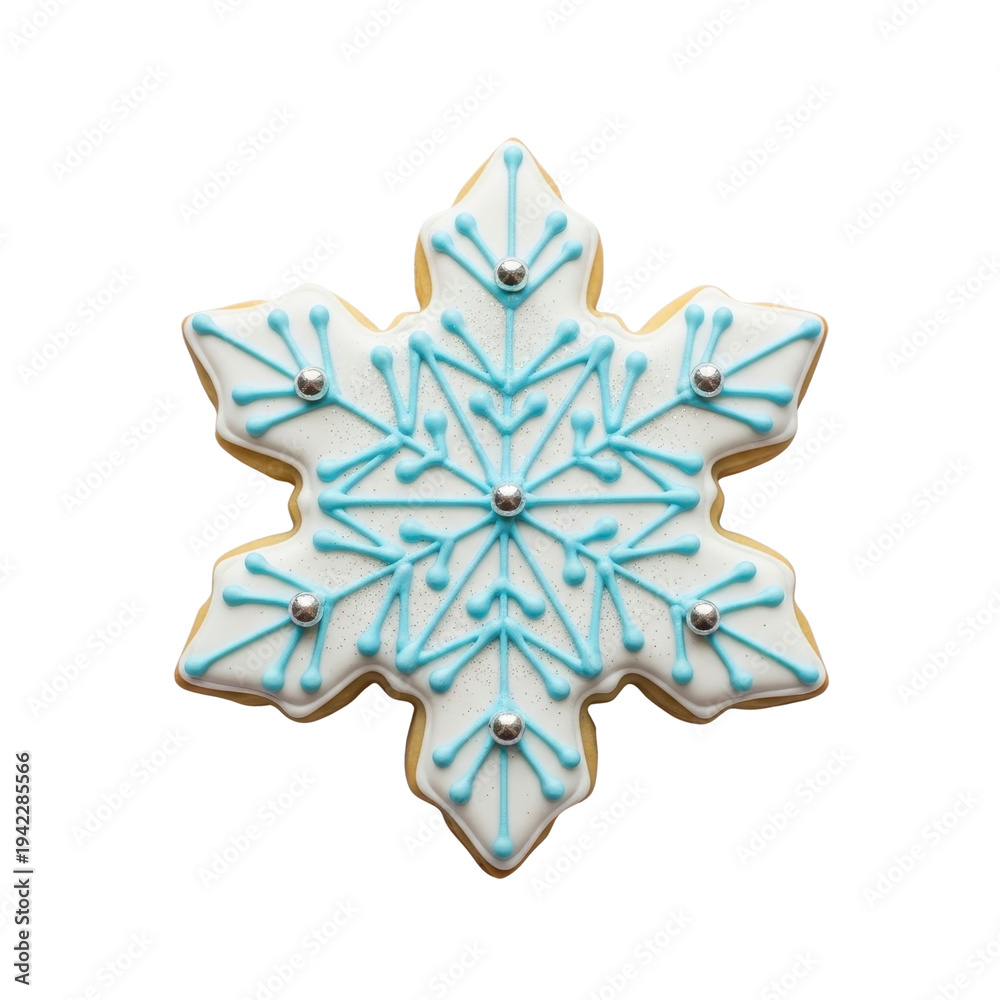 Obraz premium Snowflake cookie with blue icing and silver balls