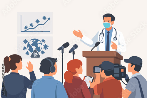 Doctor in Face Mask Giving a Pandemic Update at a Press Conference Briefing to Journalists and Reporters with Medical Data Charts and Global Virus Spread Information Flat Vector Illustration