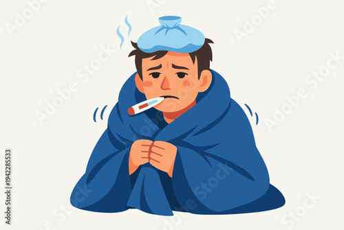 Sick man wrapped in a blue blanket with a thermometer in his mouth and an ice pack on his head, feeling cold and shivering with fever, flu, or common cold symptoms, flat vector illustration.