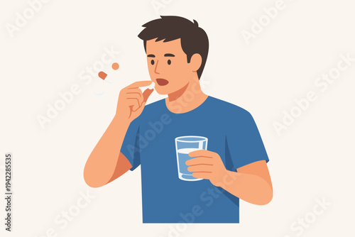 Young man taking medicine pills and holding a glass of water for health care, medical treatment, or recovery. Flat vector illustration of a person taking daily supplements, vitamins, or drugs.