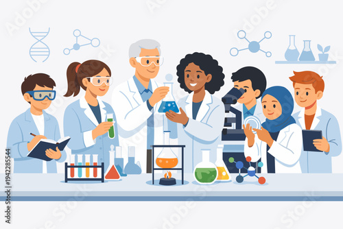 Diverse team of scientists and students conducting experiments in a modern laboratory with beakers, microscopes, and chemical equipment for STEM education, medical research, and scientific discovery.