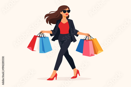Stylish young woman in a chic black outfit and red high heels walking confidently while carrying many colorful shopping bags, flat vector illustration of a female customer enjoying retail therapy.