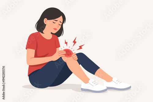 Flat vector illustration of a woman suffering from knee pain or joint injury sitting on the ground, holding her leg with red inflammation and lightning symbols for medical healthcare concept.