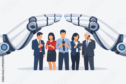 Business professionals using mobile devices sheltered by large robot hands, representing AI protection, digital security, and human-robot collaboration in a modern corporate environment.