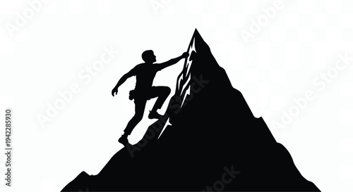 Silhouette of a man climbing a steep mountain peak, achieving success