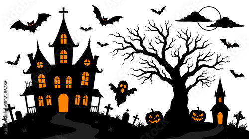 Spooky Halloween Haunted Mansion Silhouette with Graveyard, Bats, Ghost and Jack-o-Lanterns on White Background