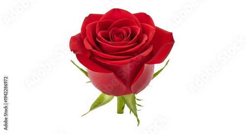 Single red rose bloom isolated on white background.