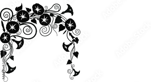 Elegant Swirling Floral Corner Design with Intricate Morning Glory Blossoms