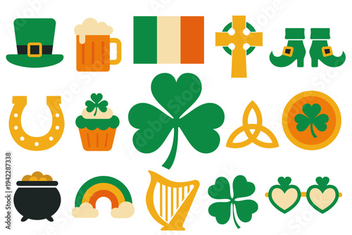 Flat vector set of Irish St Patrick symbols including shamrock beer hat flag harp and horseshoe, ideal for holiday marketing, social media graphics, festive merchandise design and pub or party promoti
