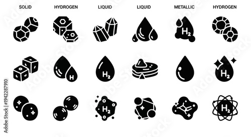 Hydrogen elements in various states and forms illustrated in a grid layout