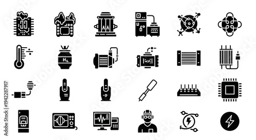 A collection of technology and industry icons displayed on a clean white background from a straightforward viewpoint