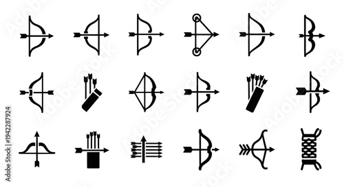 Collection of various bow and arrow symbols displayed in a grid layout on a clean background from a straightforward viewpoint