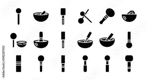 Collection of kitchen utensils and tools displayed in a grid pattern on a clean white background from a straightforward viewpoint
