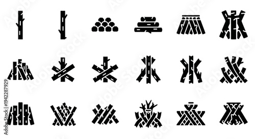 Collection of various black silhouettes depicting bundles of sticks and logs arranged in different configurations and patterns