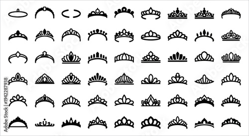 Collection of various crown silhouettes and tiara designs illustrated in black