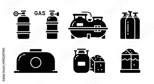 Collection of black icons representing various gas containers and equipment on a white background viewed from a straightforward perspective