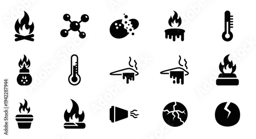 Collection of fire icons representing various concepts and objects in a simple graphic style from a straightforward viewpoint